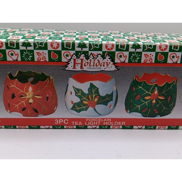 Christmas Holiday Collection 3-Piece Porcelain Tea Light Holders w/Cutouts - Picture 1 of 6